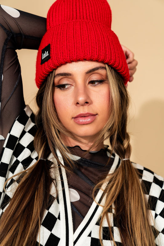 Grunge Chic Label Beanie in Cherry Red - Dressed in Lala