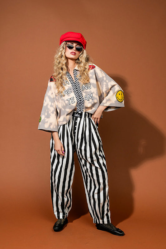 Happy Chance Barrel Leg Boxer Pants in Black + White Stripes - Dressed in Lala