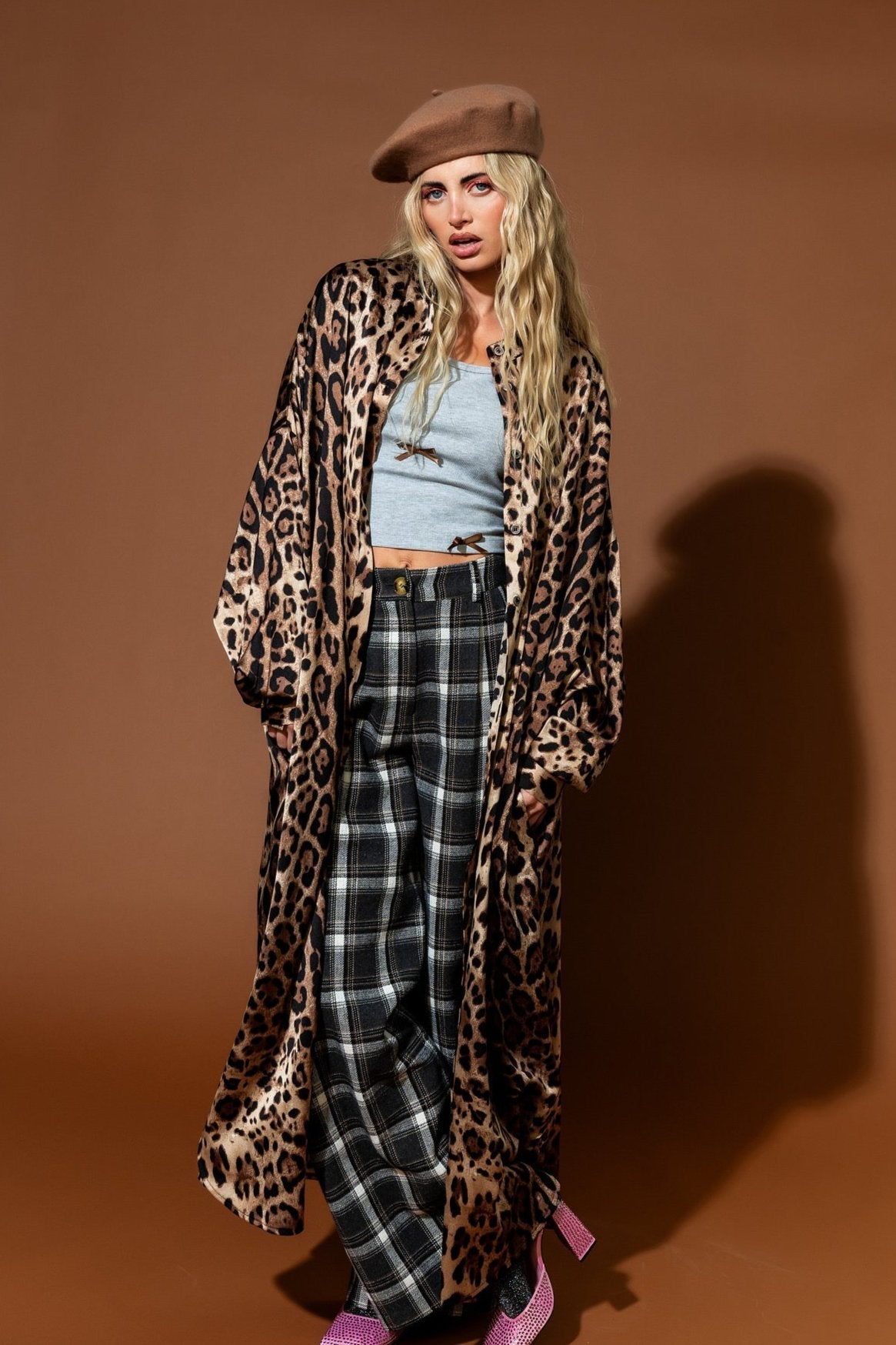 Here Kitty Leopard Satin Duster Dress - Dressed in Lala