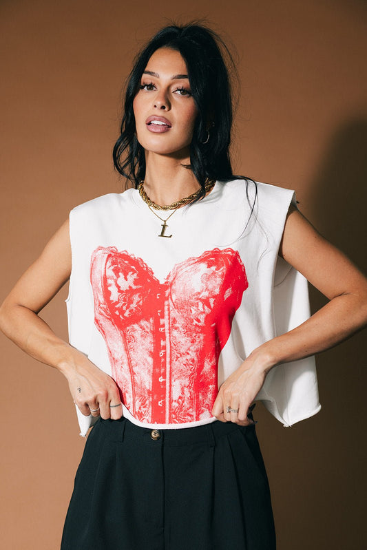 I Do What I Want Cropped Cutoff Corset Sweatshirt in White - Dressed in Lala