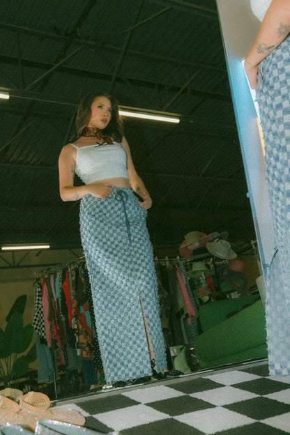 LALA ORIGINAL: Check Mate Textured Denim Maxi Skirt - Dressed in Lala