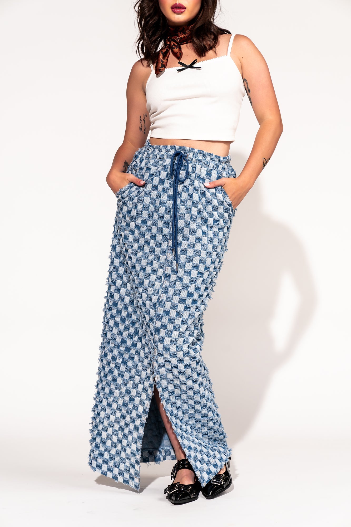 LALA ORIGINAL: Check Mate Textured Denim Maxi Skirt - Dressed in Lala