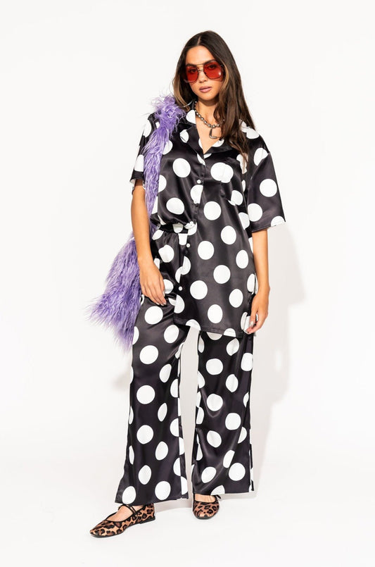 LALA ORIGINAL: Dream So Big Satin Top + Pants Set in Classic Polka Dots - Dressed in Lala