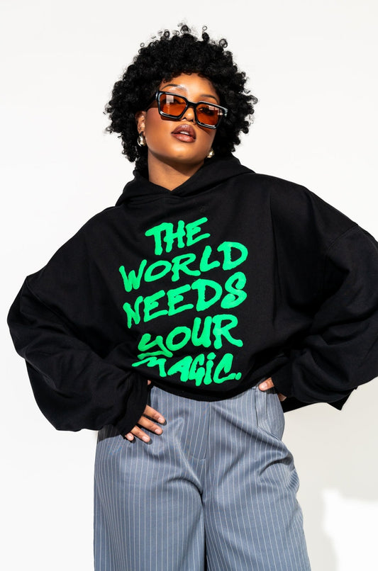 LALA ORIGINAL: Energy Doesn’t Lie Cropped Hoodie in The World Needs Your Magic Puff Print - Dressed in Lala