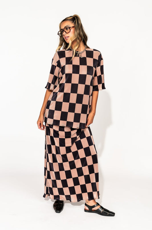 LALA ORIGINAL: Grunge Girl Plisse Set in Black + Chai Checkerboard - Dressed in Lala