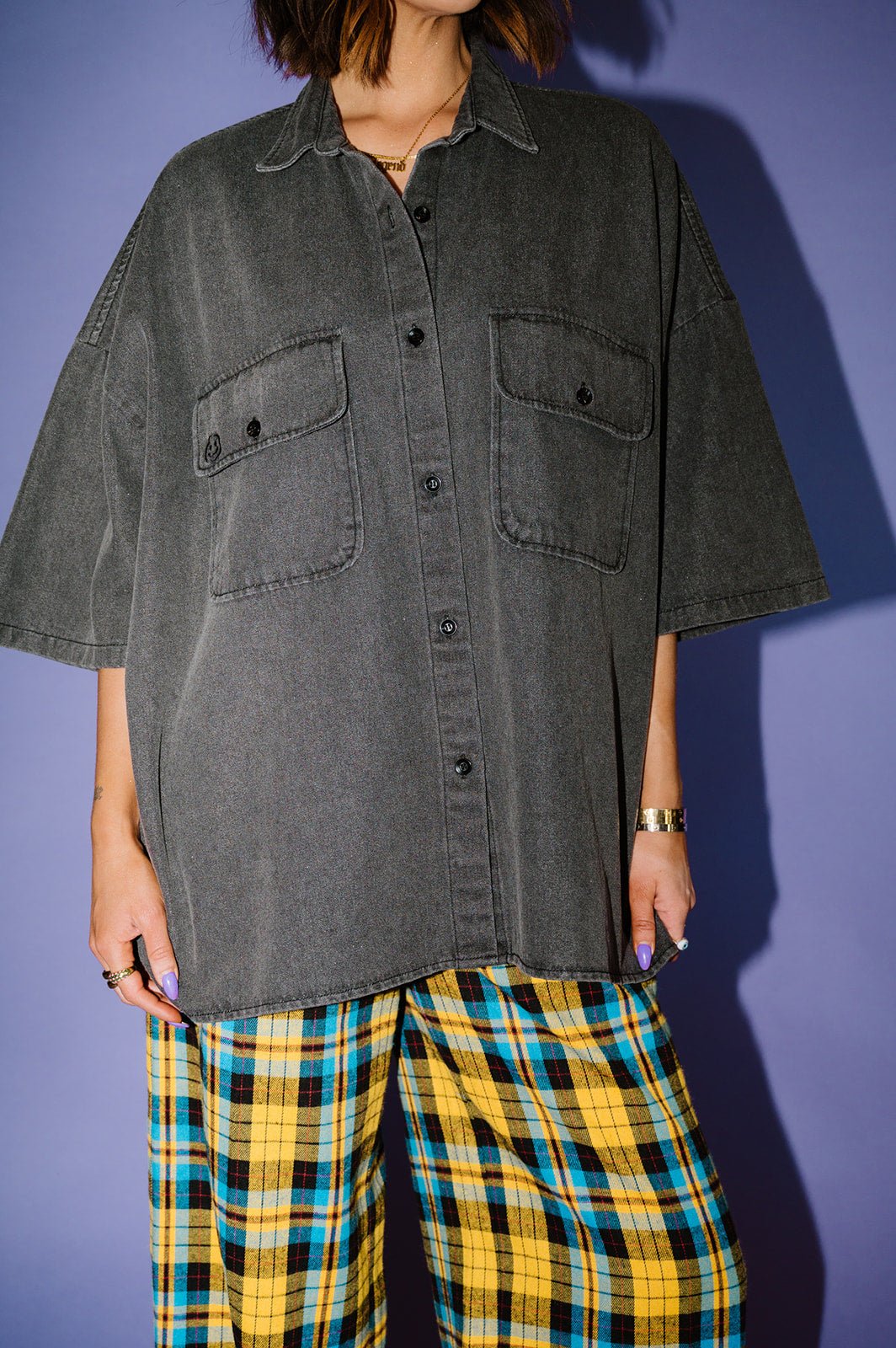 LALA ORIGINAL: Let Them Talk Oversized Denim Button Up in Vintage Black - Dressed in Lala