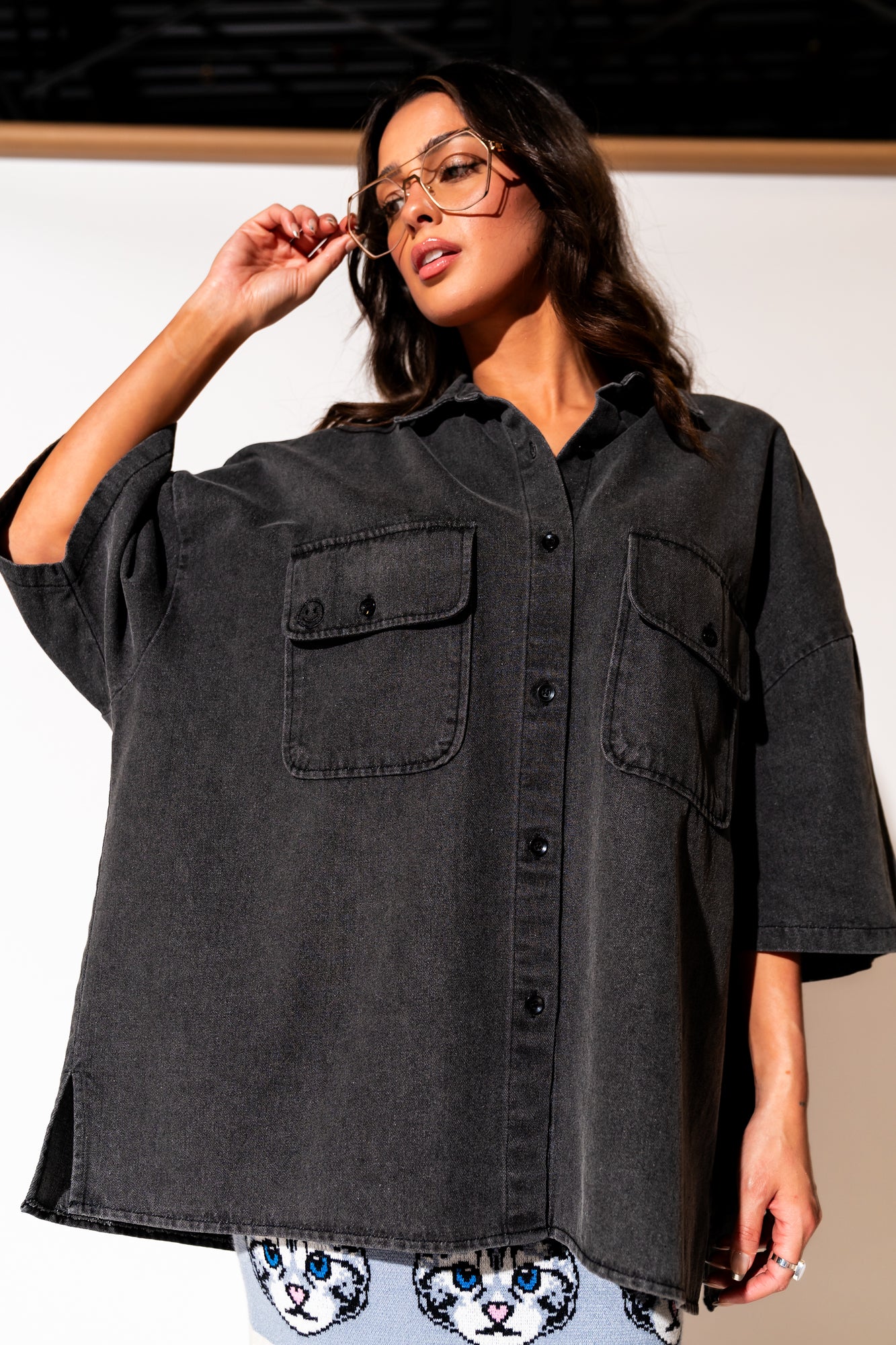LALA ORIGINAL: Let Them Talk Oversized Denim Button Up in Vintage Black - Dressed in Lala