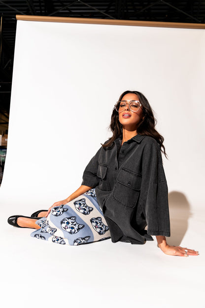 LALA ORIGINAL: Let Them Talk Oversized Denim Button Up in Vintage Black - Dressed in Lala