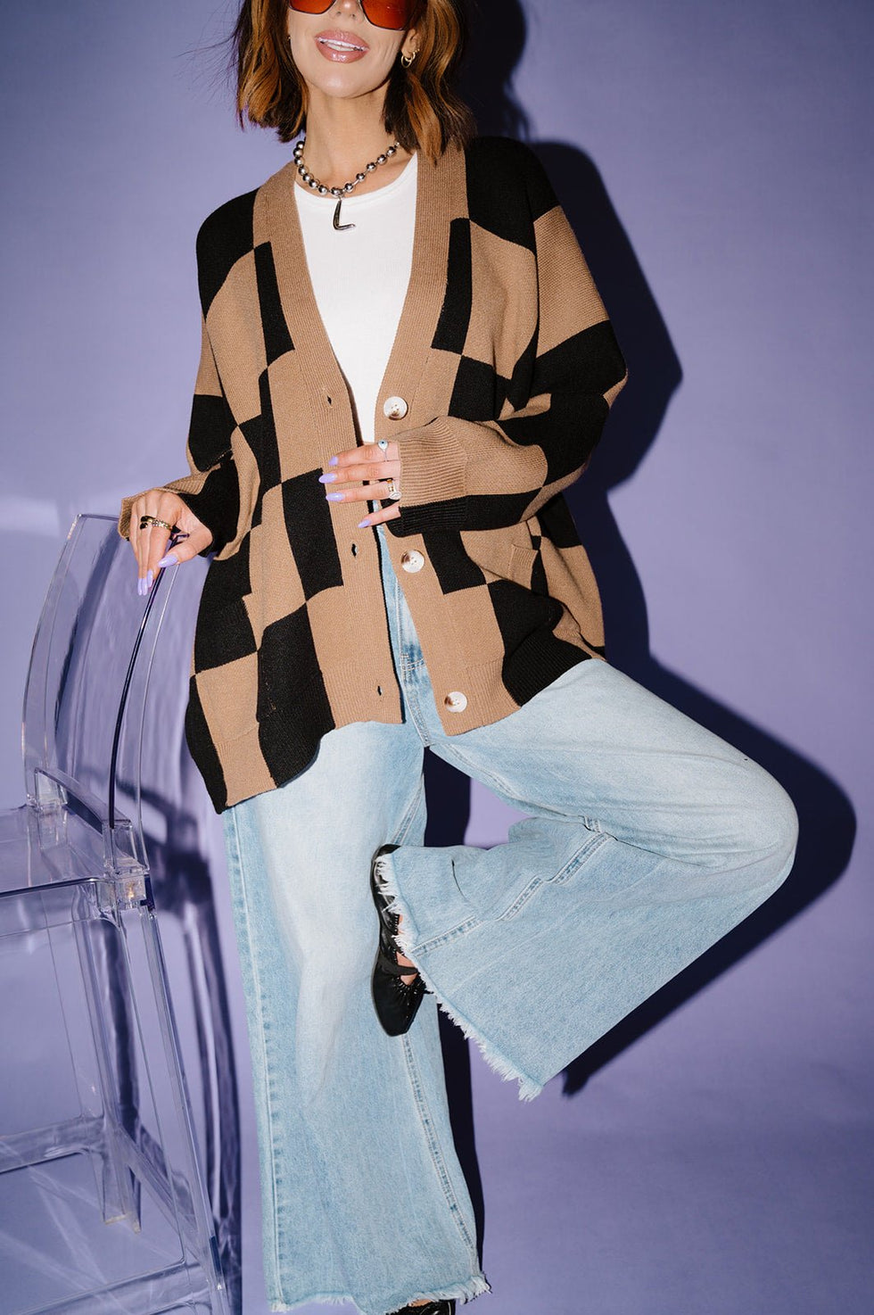 Oversized Checkerboard Cardigan - Stylish Knitwear - Dressed in Lala