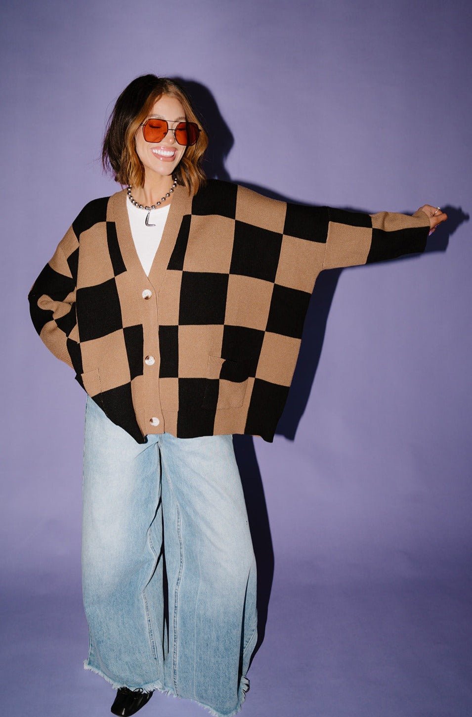 Oversized Checkerboard Cardigan - Stylish Knitwear - Dressed in Lala