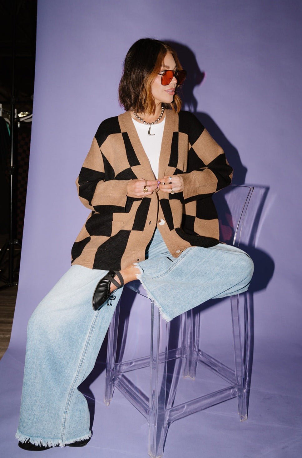 Oversized Checkerboard Cardigan - Stylish Knitwear - Dressed in Lala
