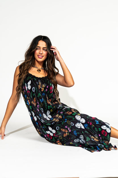 LALA ORIGINAL: Money Honey Plisse Slip Dress in Folklore Florals - Dressed in Lala