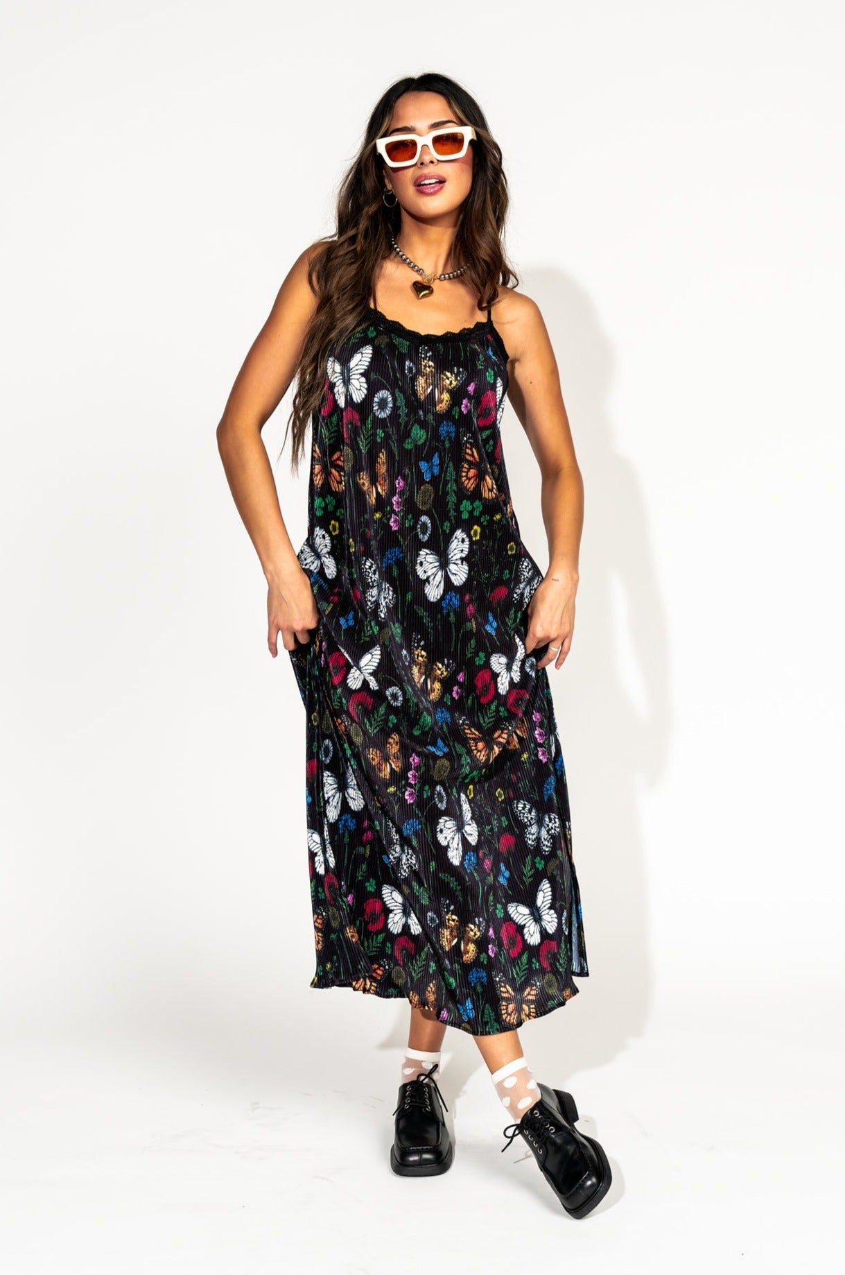 LALA ORIGINAL: Money Honey Plisse Slip Dress in Folklore Florals - Dressed in Lala