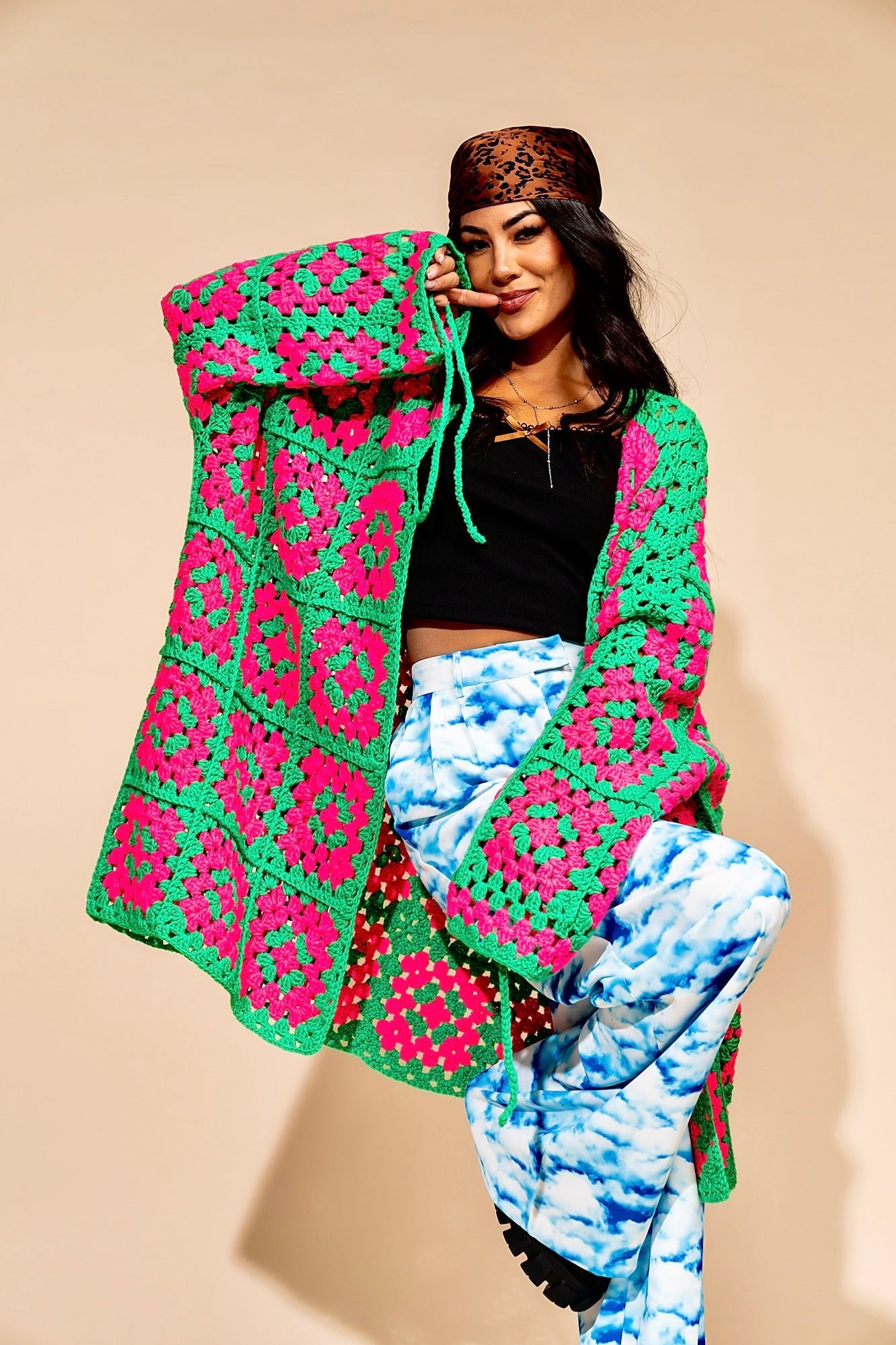 LALA ORIGINAL: Oversized Granny Square Crochet Cardigan in Neon Watermelon - Dressed in Lala