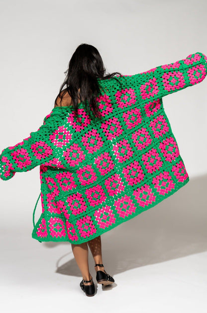 LALA ORIGINAL: Oversized Granny Square Crochet Cardigan in Neon Watermelon - Dressed in Lala
