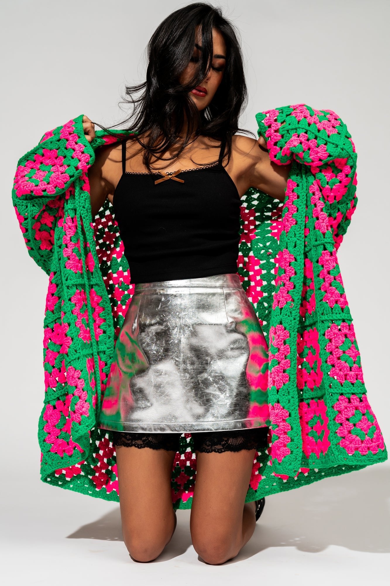 LALA ORIGINAL: Oversized Granny Square Crochet Cardigan in Neon Watermelon - Dressed in Lala