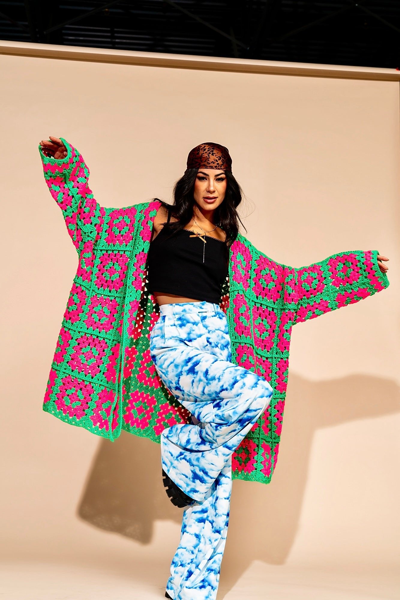 LALA ORIGINAL: Oversized Granny Square Crochet Cardigan in Neon Watermelon - Dressed in Lala