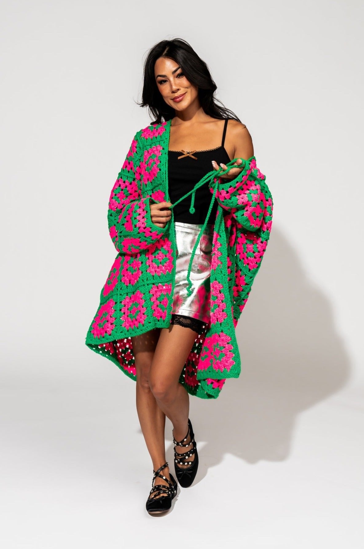 LALA ORIGINAL: Oversized Granny Square Crochet Cardigan in Neon Watermelon - Dressed in Lala