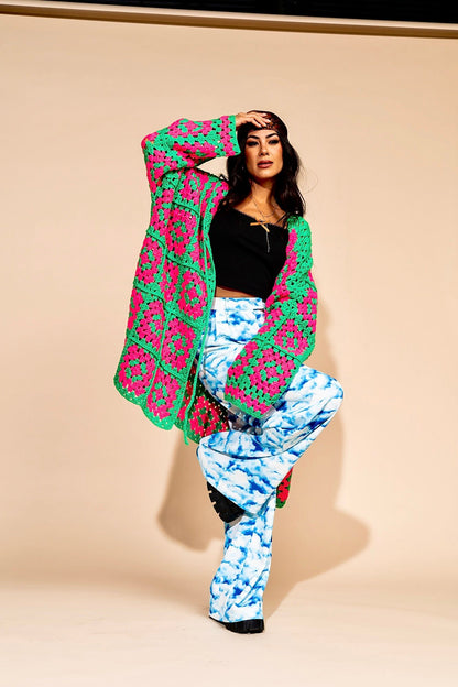 LALA ORIGINAL: Oversized Granny Square Crochet Cardigan in Neon Watermelon - Dressed in Lala