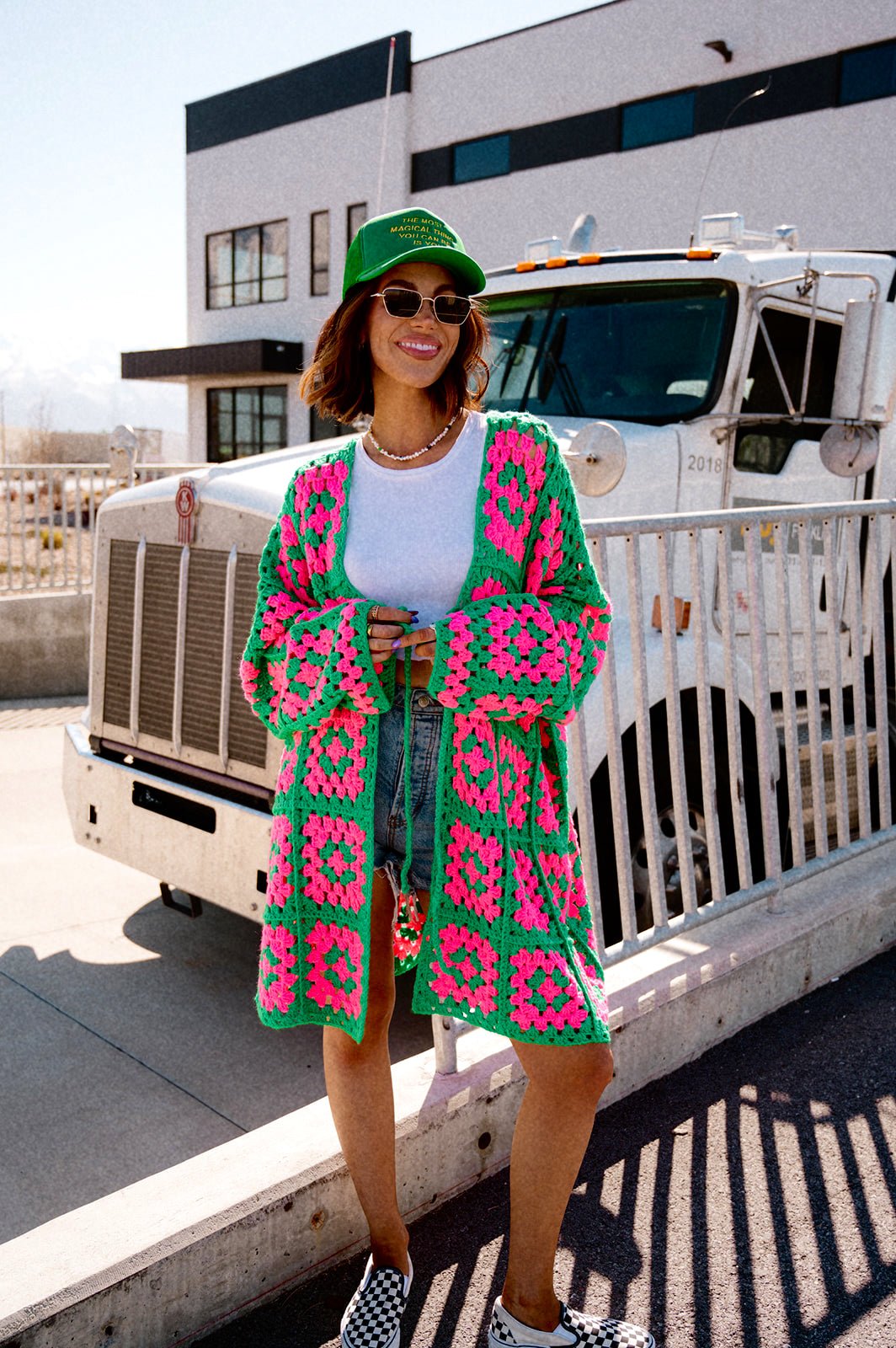 LALA ORIGINAL: Oversized Granny Square Crochet Cardigan in Neon Watermelon - Dressed in Lala