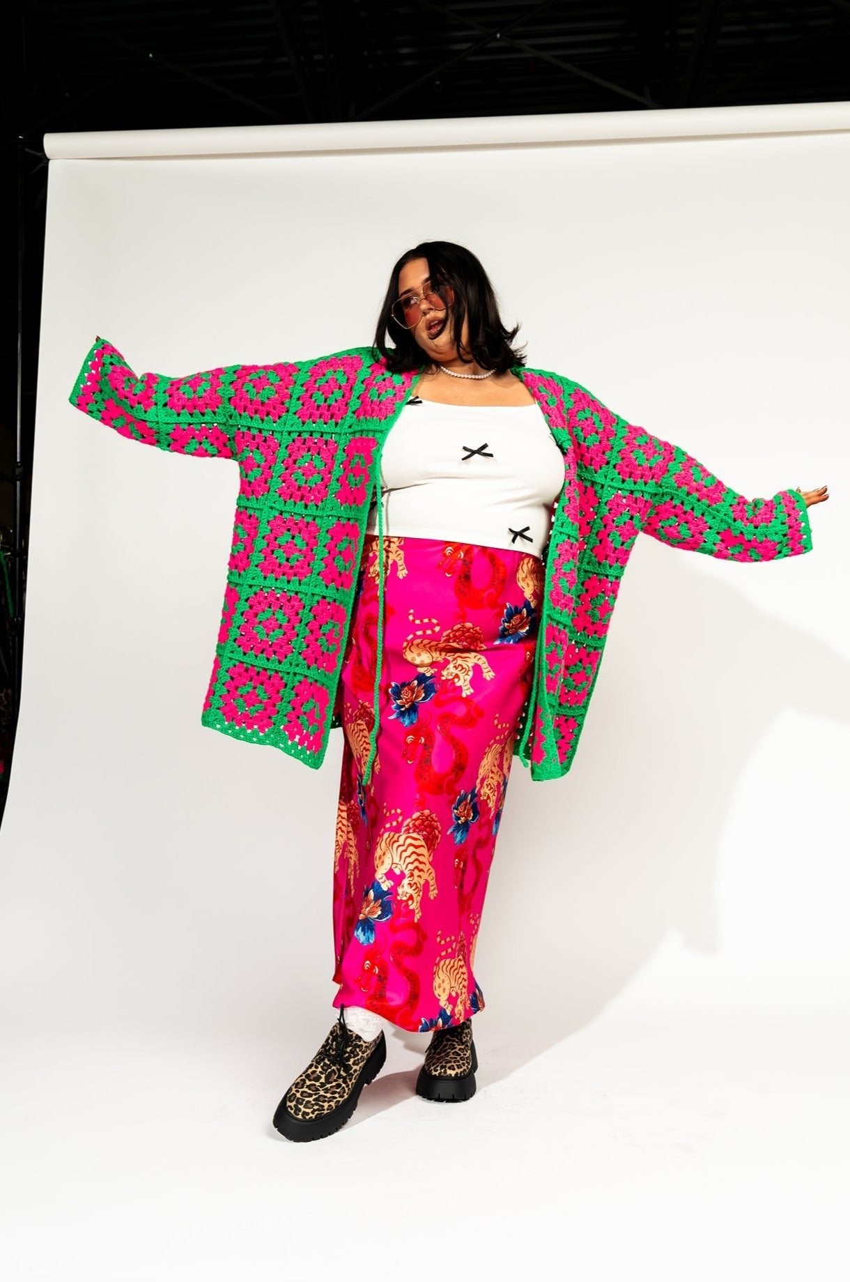 LALA ORIGINAL: Oversized Granny Square Crochet Cardigan in Neon Watermelon - Dressed in Lala