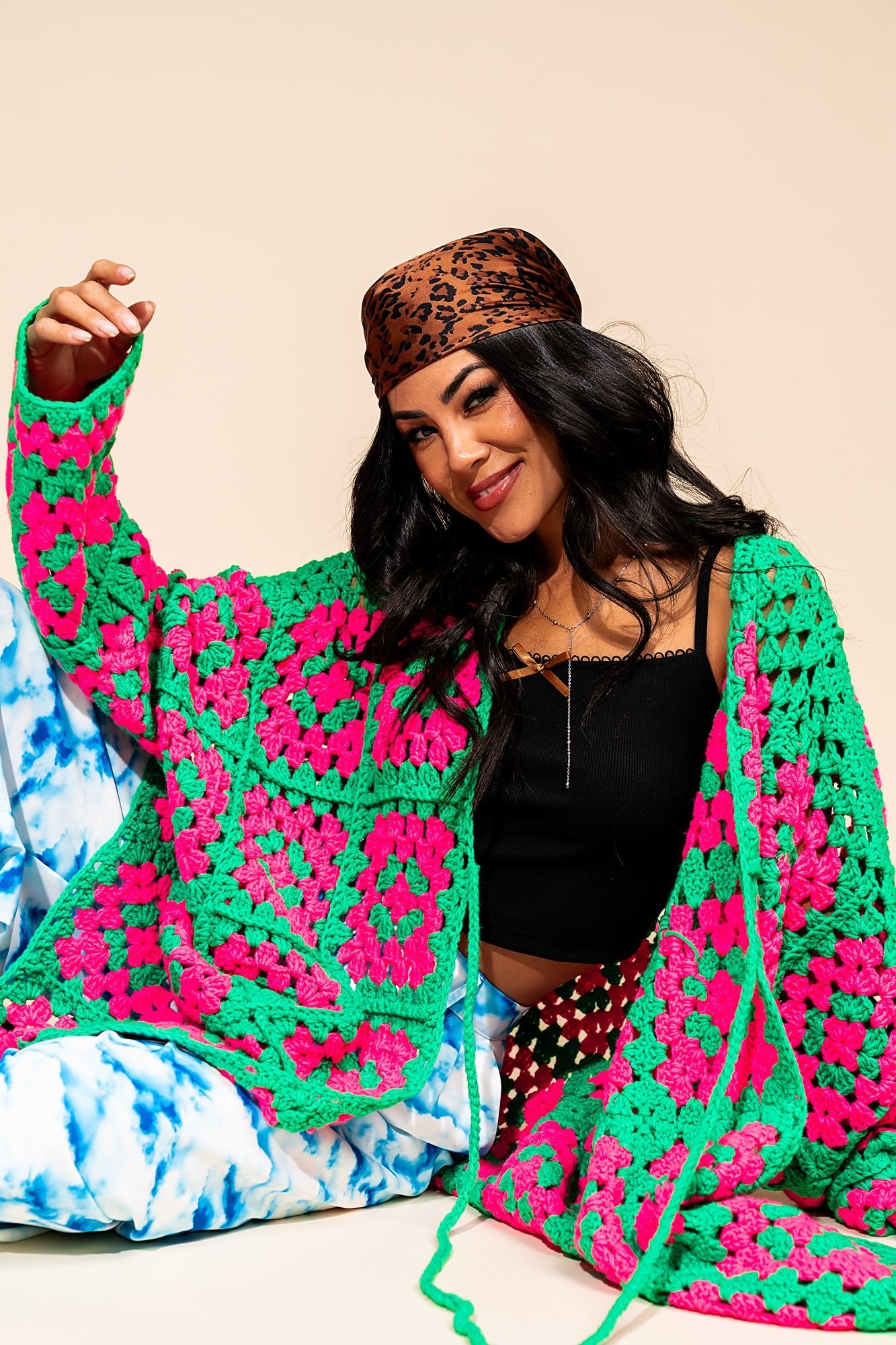 LALA ORIGINAL: Oversized Granny Square Crochet Cardigan in Neon Watermelon - Dressed in Lala