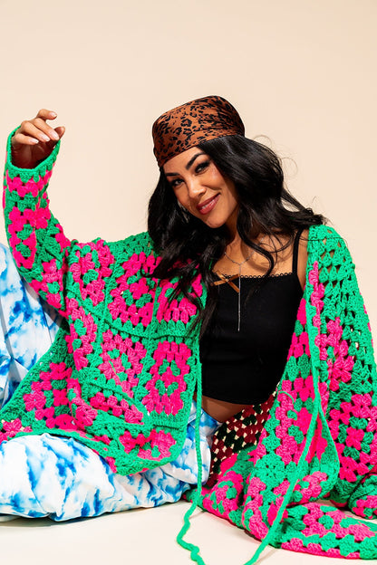 LALA ORIGINAL: Oversized Granny Square Crochet Cardigan in Neon Watermelon - Dressed in Lala