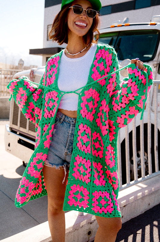 LALA ORIGINAL: Oversized Granny Square Crochet Cardigan in Neon Watermelon - Dressed in Lala