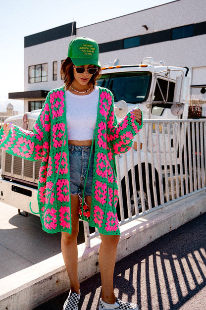 LALA ORIGINAL: Oversized Granny Square Crochet Cardigan in Neon Watermelon - Dressed in Lala