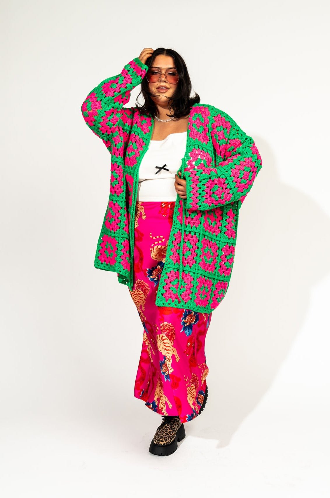 LALA ORIGINAL: Oversized Granny Square Crochet Cardigan in Neon Watermelon - Dressed in Lala