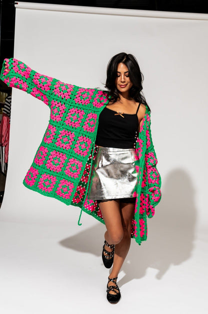 LALA ORIGINAL: Oversized Granny Square Crochet Cardigan in Neon Watermelon - Dressed in Lala