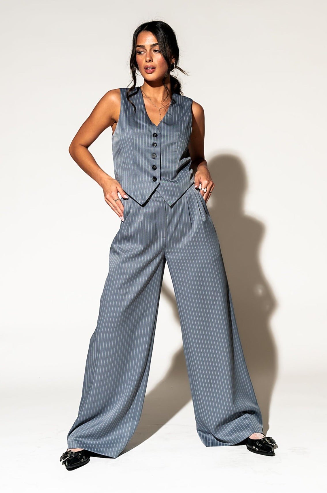 LALA ORIGINAL: Wide Leg Trousers in Boss B*tch Pinstripe (Grey) - Dressed in Lala