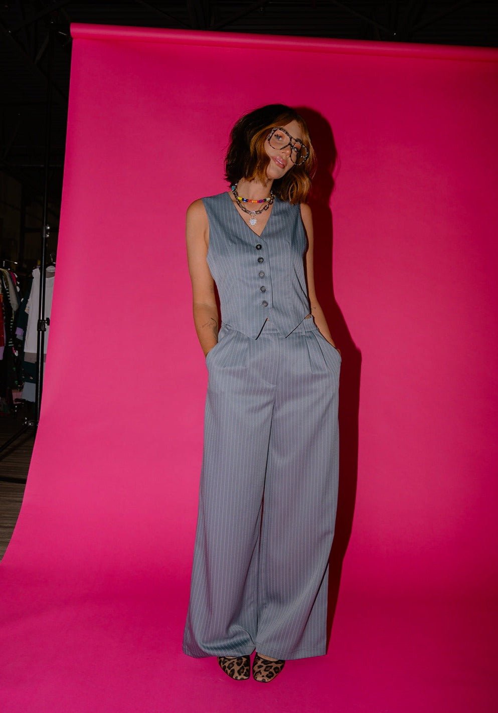 LALA ORIGINAL: Wide Leg Trousers in Boss B*tch Pinstripe (Grey) - Dressed in Lala