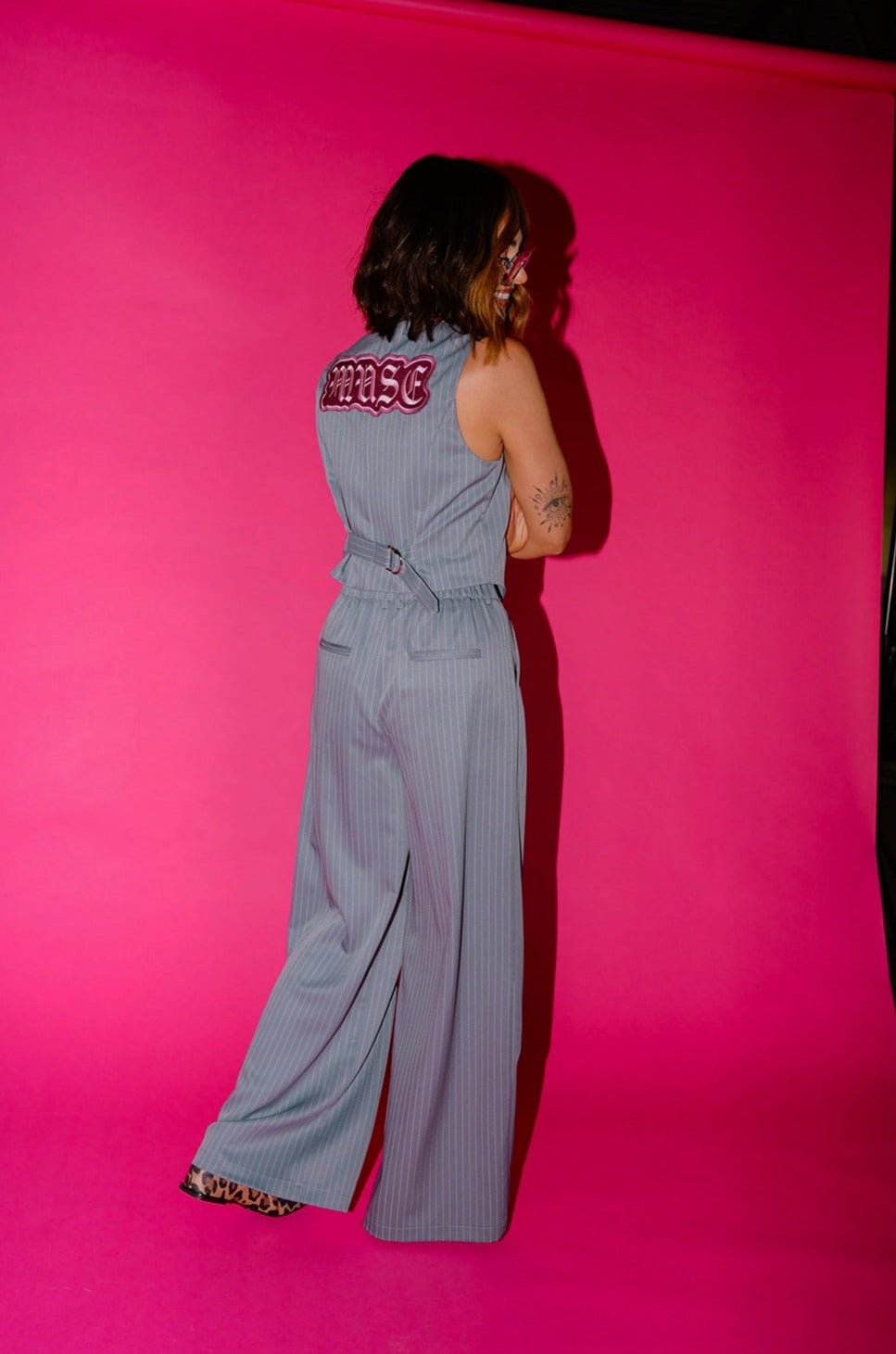LALA ORIGINAL: Wide Leg Trousers in Boss B*tch Pinstripe (Grey) - Dressed in Lala