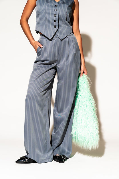 LALA ORIGINAL: Wide Leg Trousers in Boss B*tch Pinstripe (Grey) - Dressed in Lala