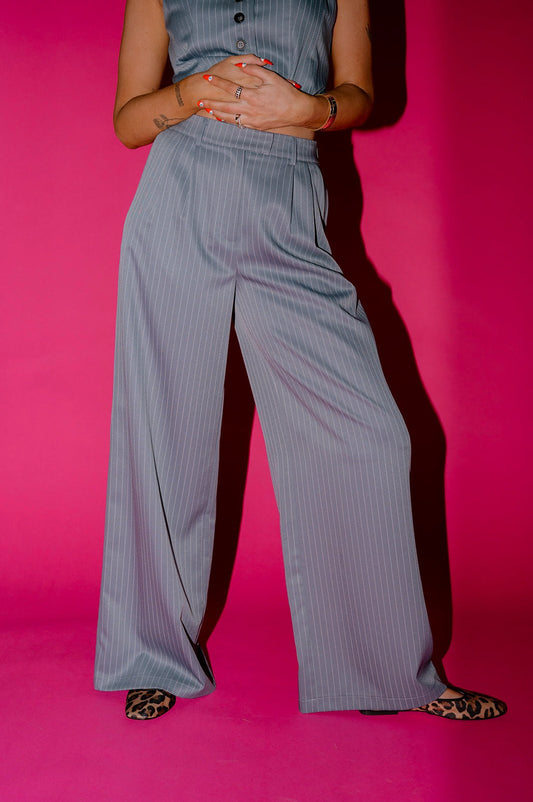 LALA ORIGINAL: Wide Leg Trousers in Boss B*tch Pinstripe (Grey) - Dressed in Lala