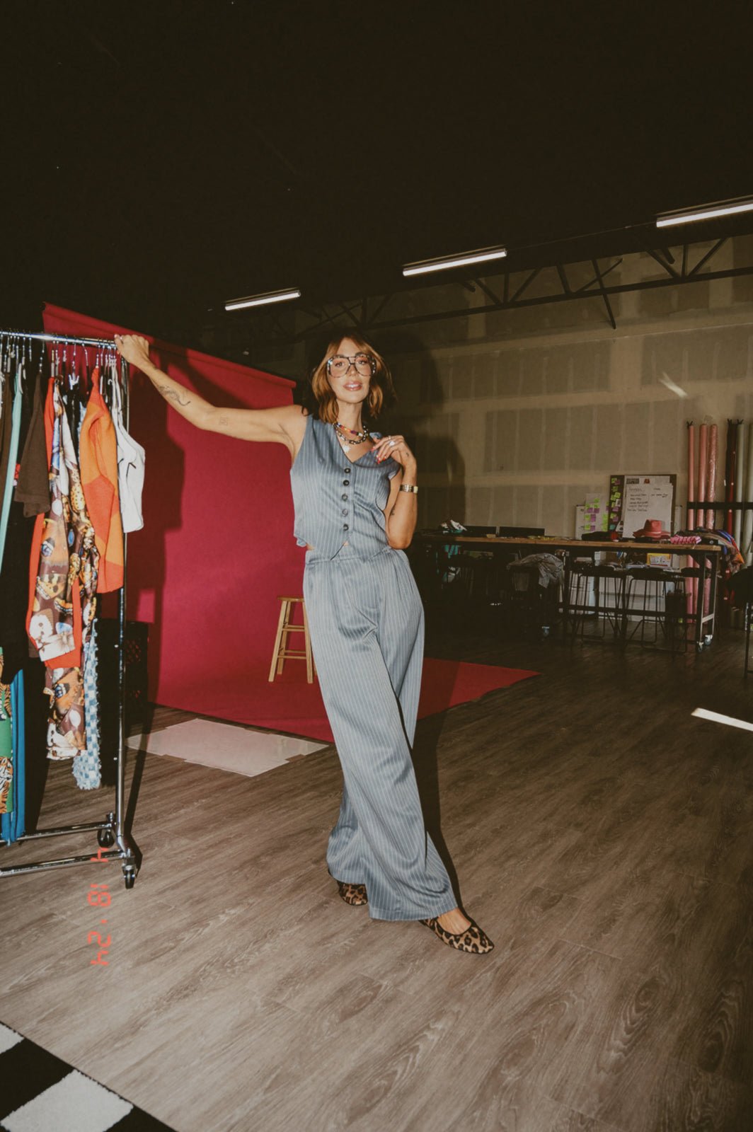 LALA ORIGINAL: Wide Leg Trousers in Boss B*tch Pinstripe (Grey) - Dressed in Lala