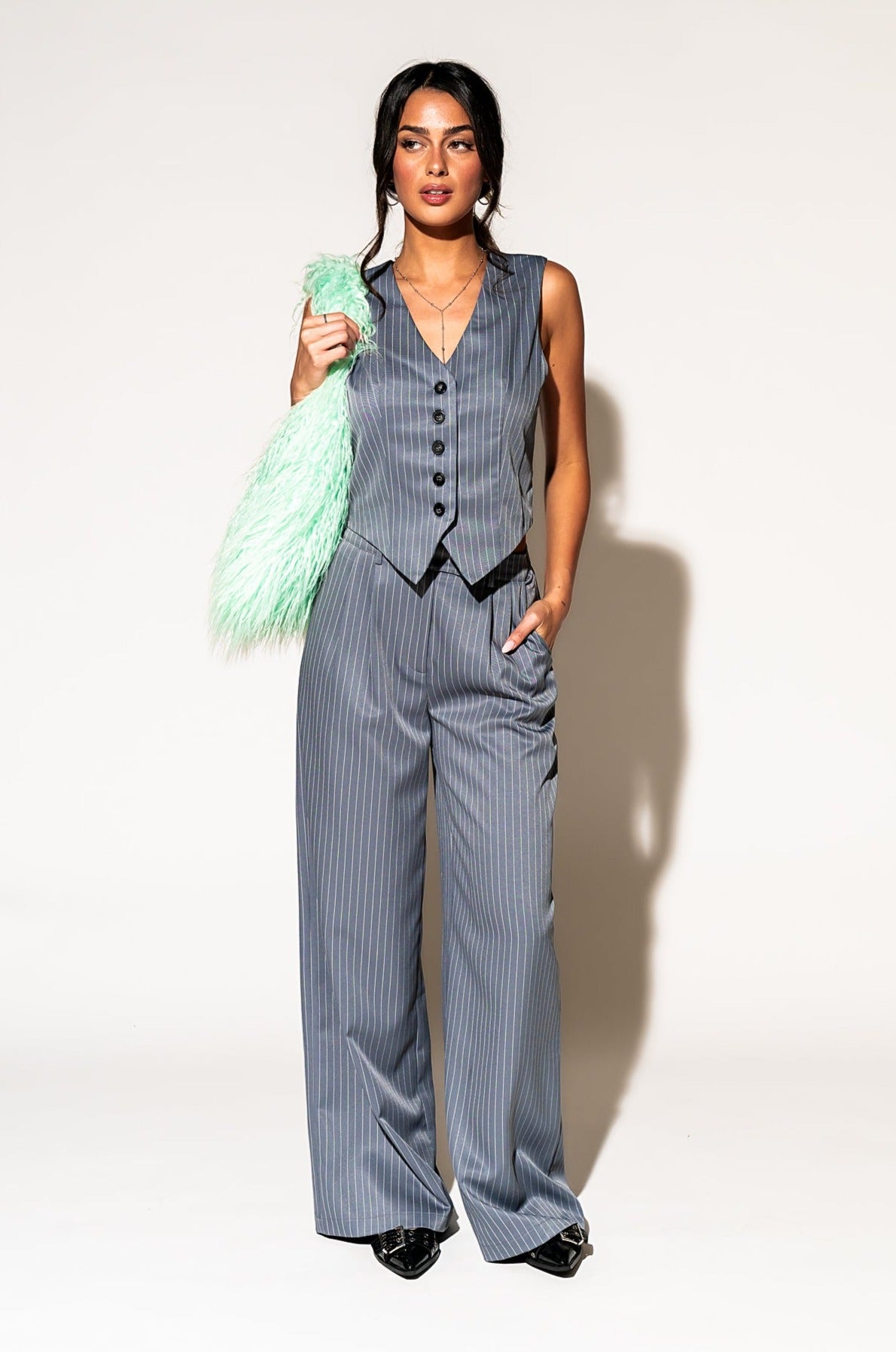 LALA ORIGINAL: Wide Leg Trousers in Boss B*tch Pinstripe (Grey) - Dressed in Lala