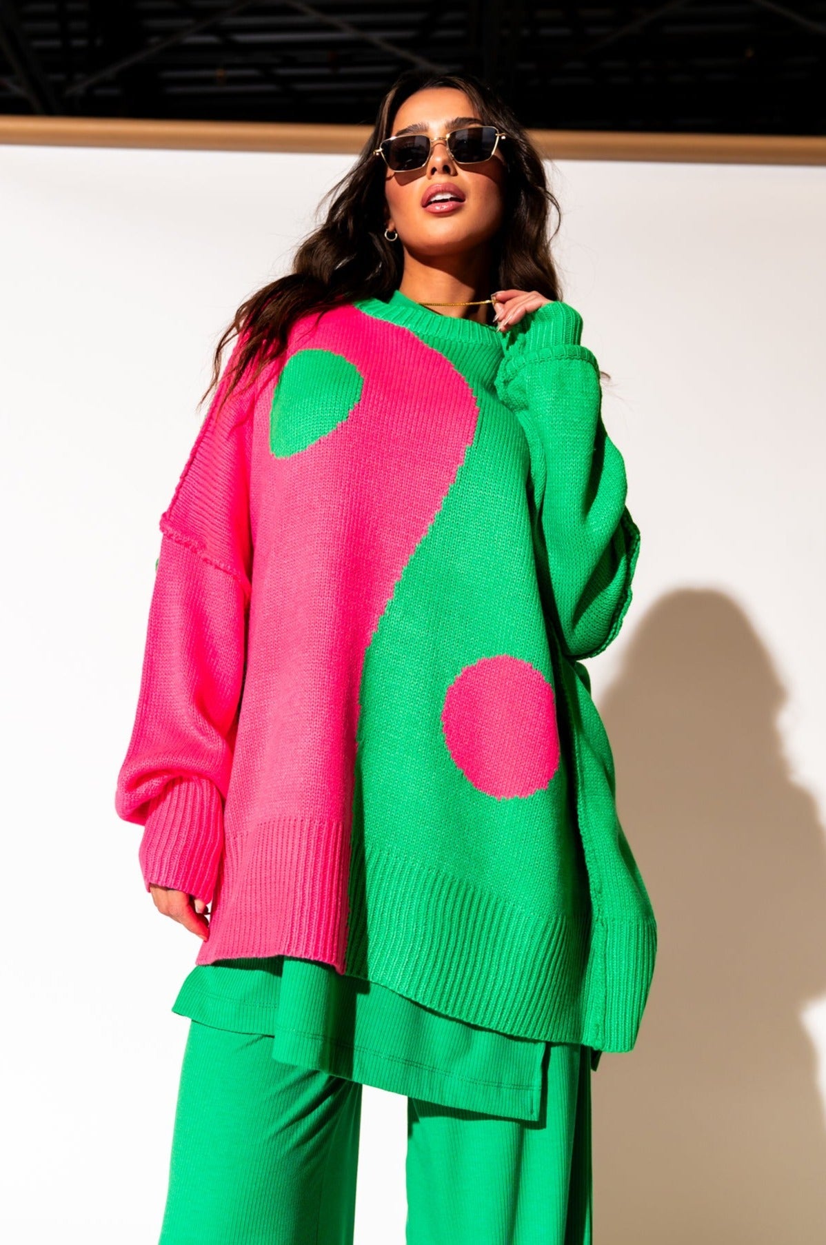 LALA ORIGINAL: Yin Yang Gang Oversized Knit in Electric Watermelon - Dressed in Lala