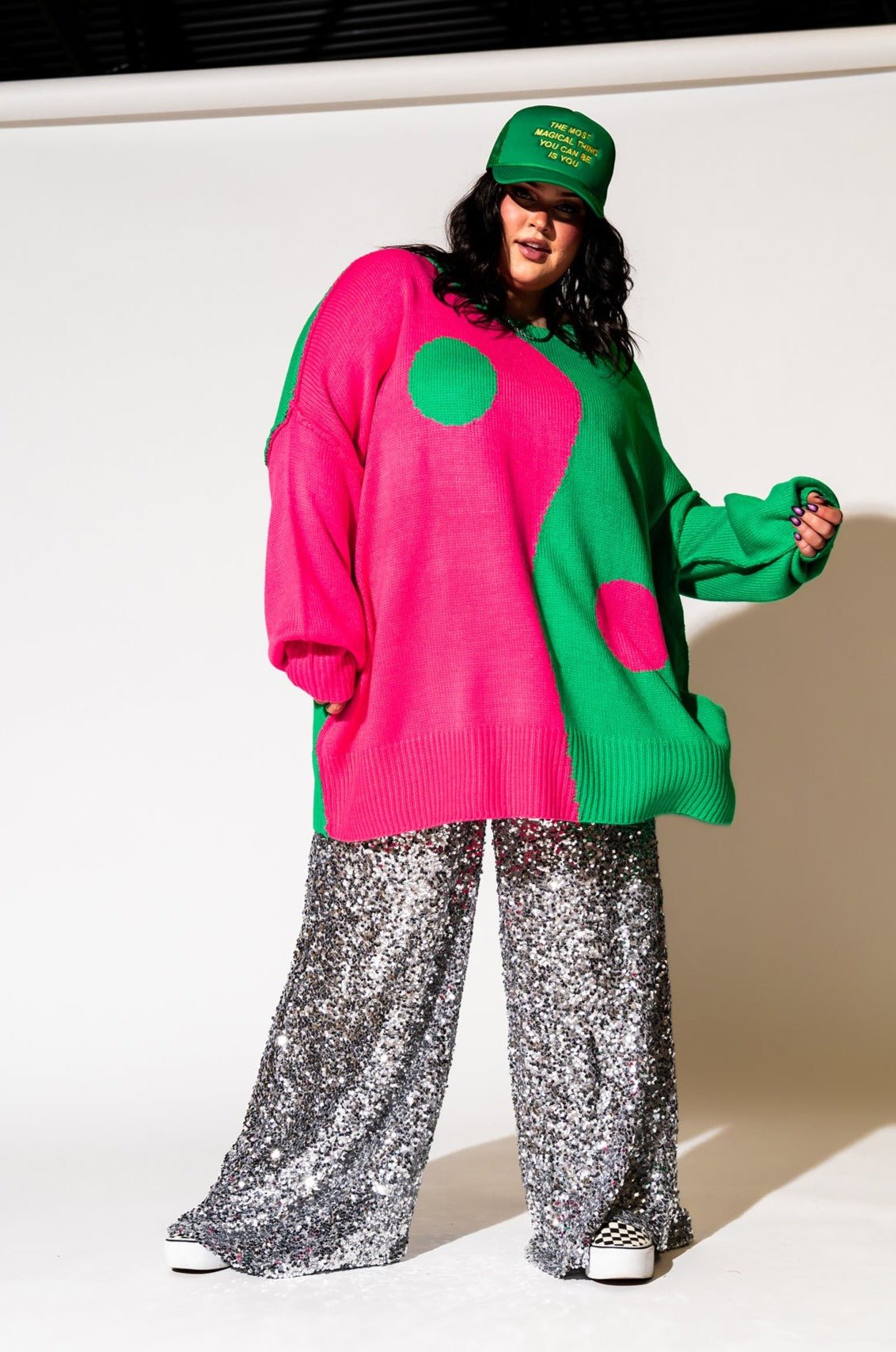 LALA ORIGINAL: Yin Yang Gang Oversized Knit in Electric Watermelon - Dressed in Lala