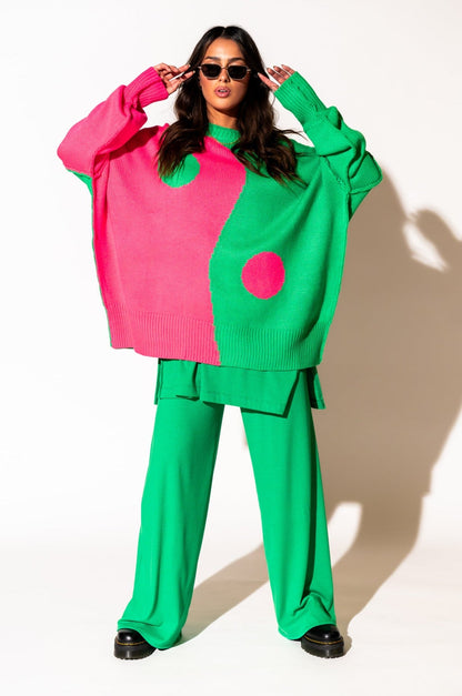 LALA ORIGINAL: Yin Yang Gang Oversized Knit in Electric Watermelon - Dressed in Lala