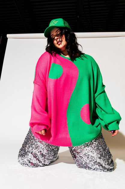 LALA ORIGINAL: Yin Yang Gang Oversized Knit in Electric Watermelon - Dressed in Lala