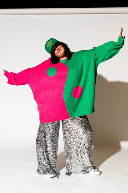 LALA ORIGINAL: Yin Yang Gang Oversized Knit in Electric Watermelon - Dressed in Lala