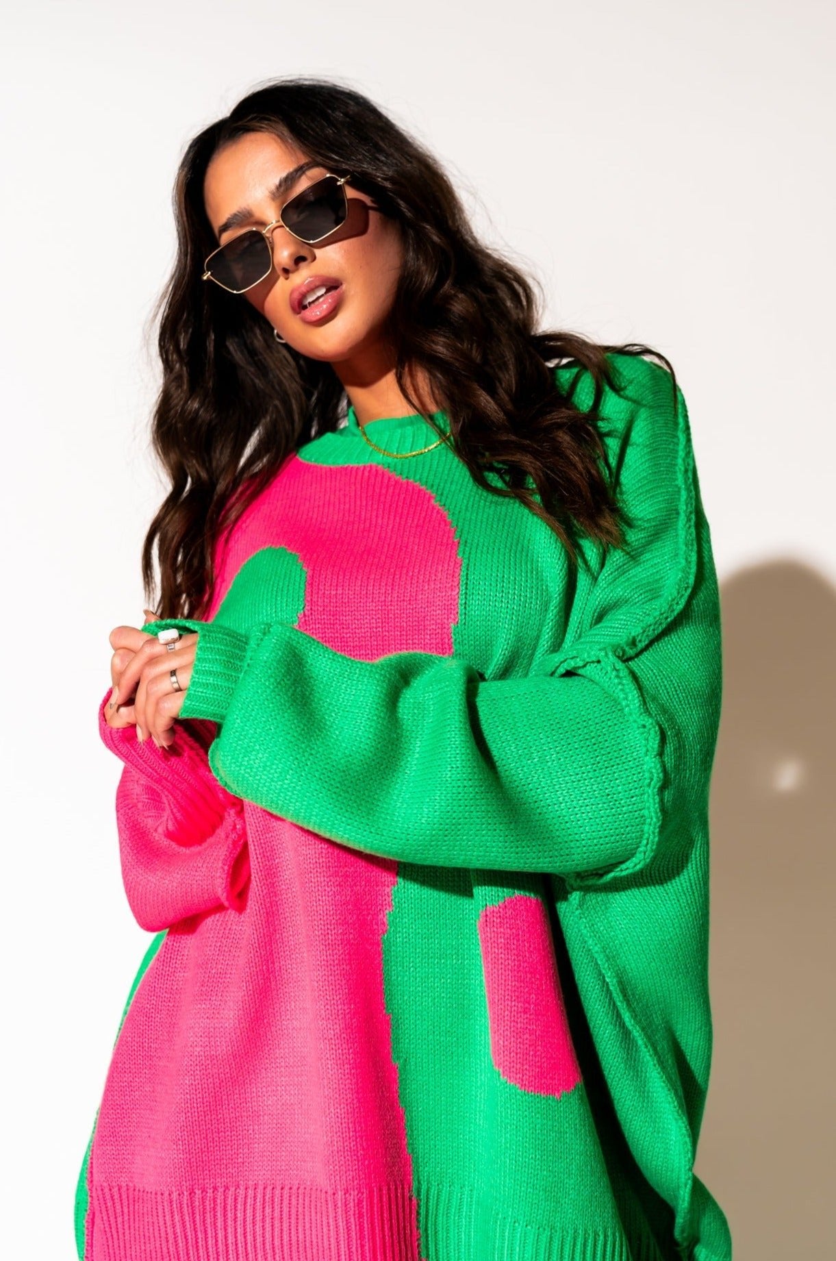 LALA ORIGINAL: Yin Yang Gang Oversized Knit in Electric Watermelon - Dressed in Lala