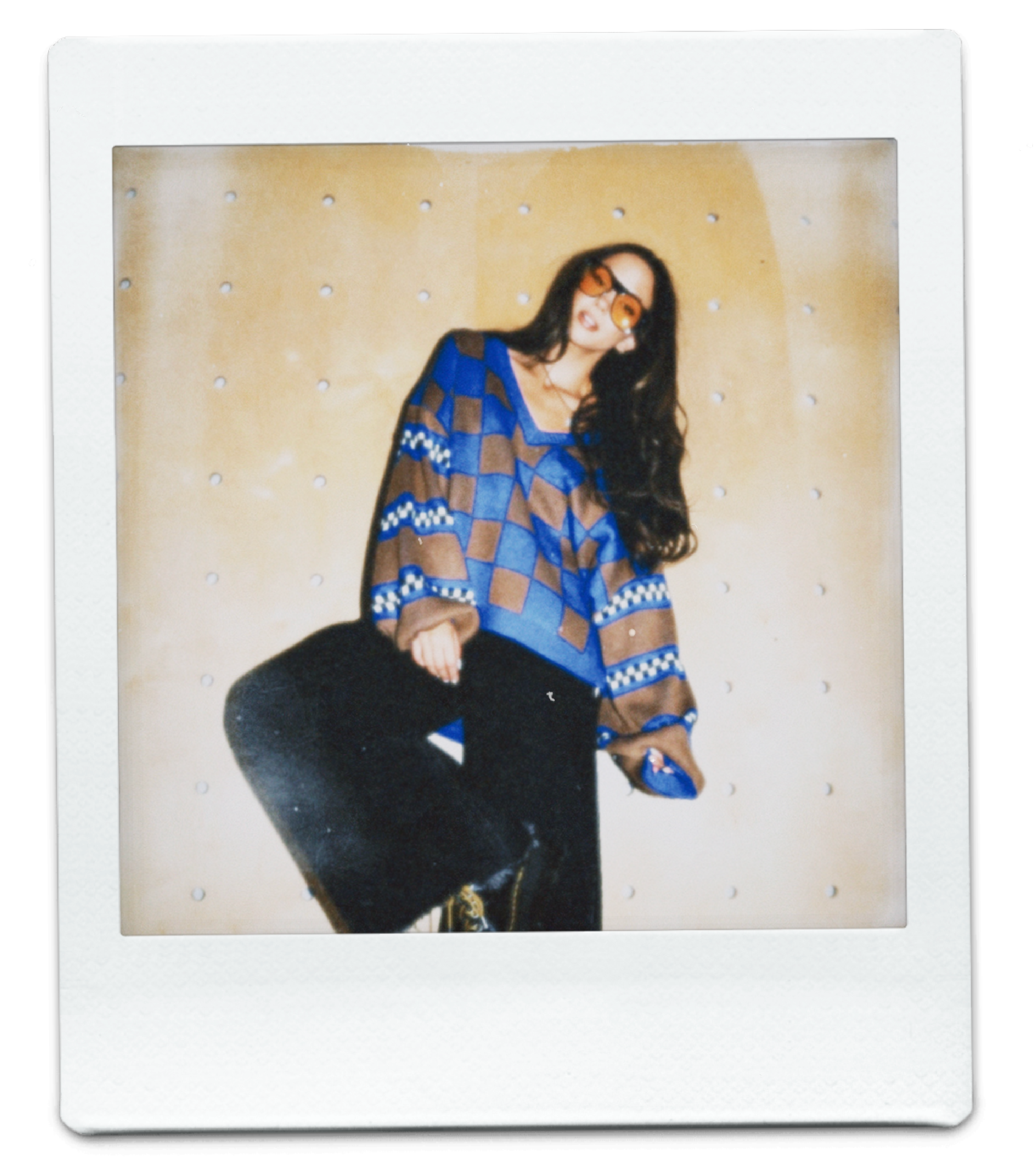 Polaroid photo of a girl with long brown hair wearing a blue and brown checkerboard cardigan and black lala jeans