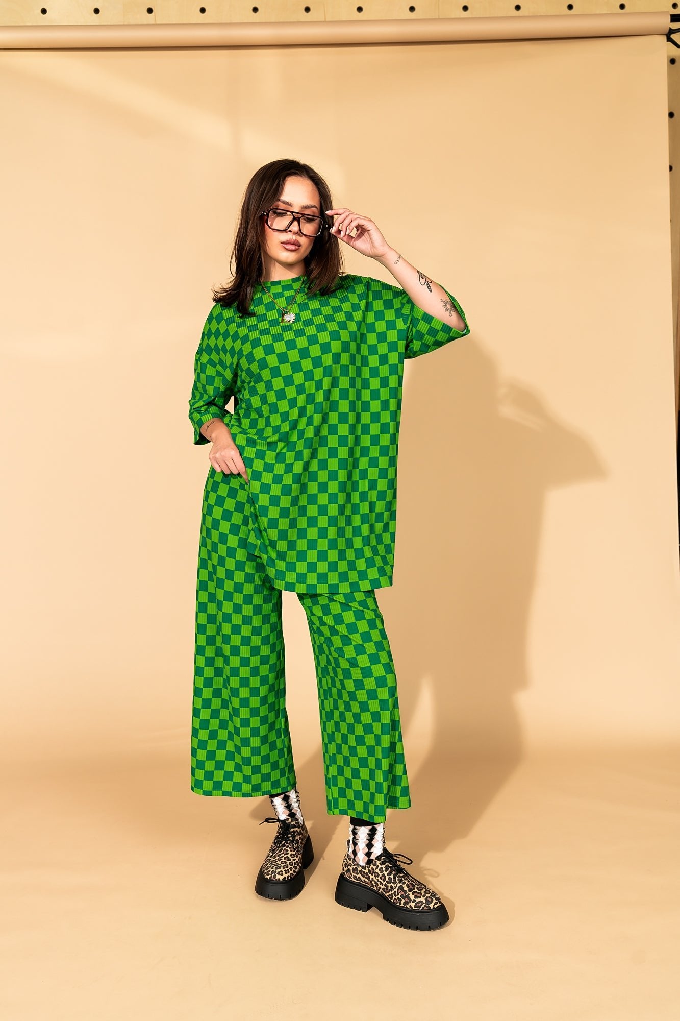 Lex Ribbed Checkerboard Playsuit in Lucky Green - Dressed in Lala