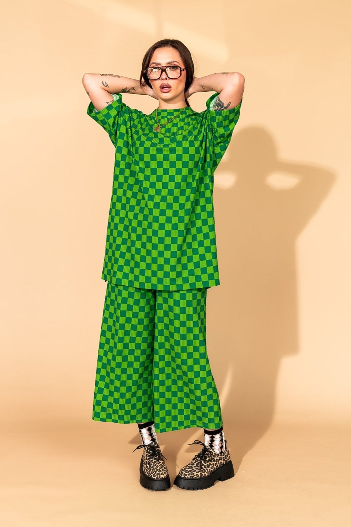 Lex Ribbed Checkerboard Playsuit in Lucky Green - Dressed in Lala