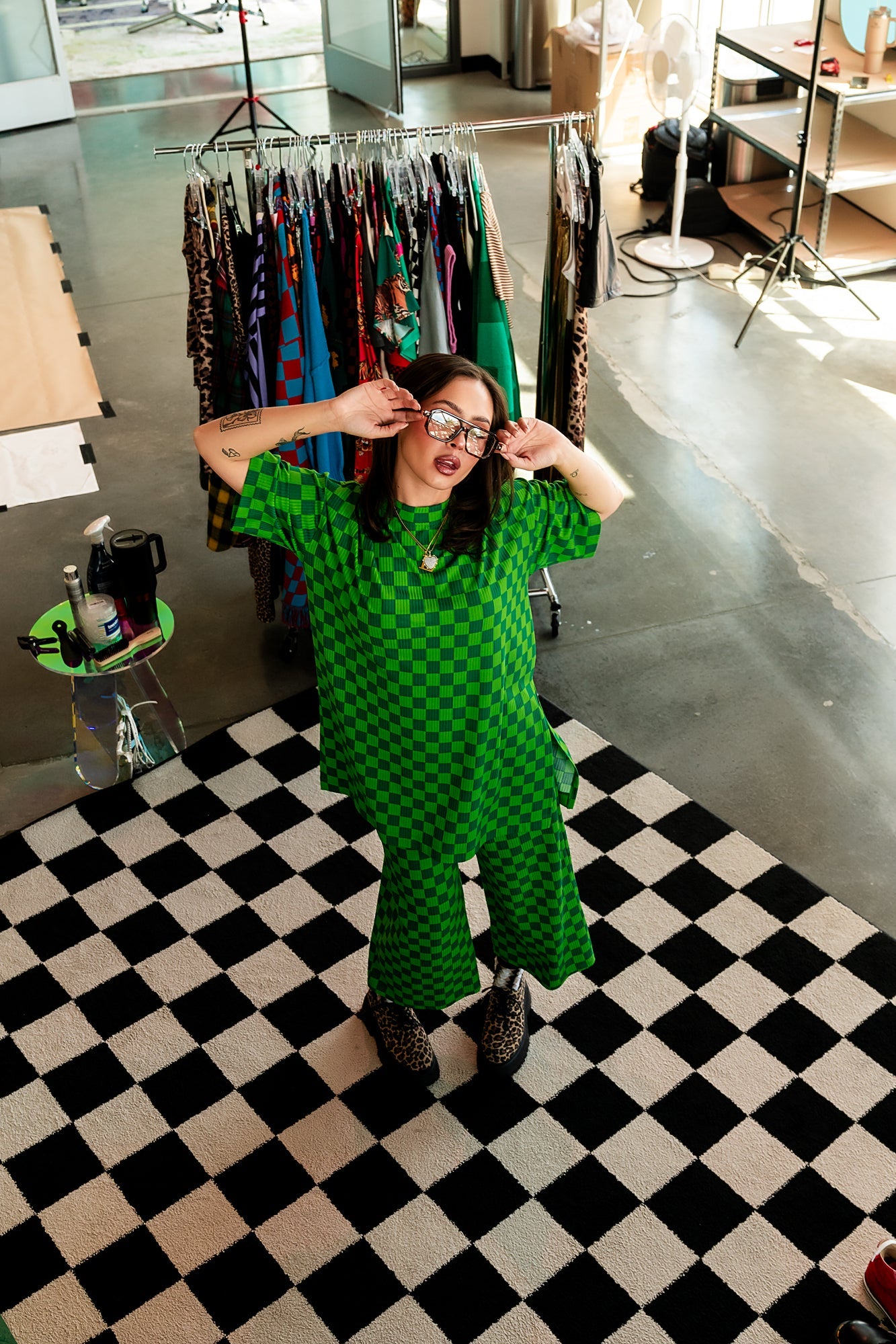 Lex Ribbed Checkerboard Playsuit in Lucky Green - Dressed in Lala