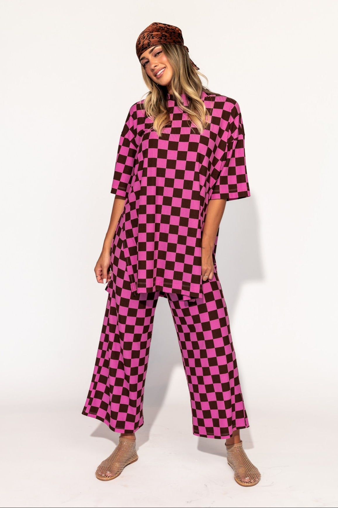 Lex Ribbed Checkerboard Playsuit in Sunset Boulevard - Dressed in Lala