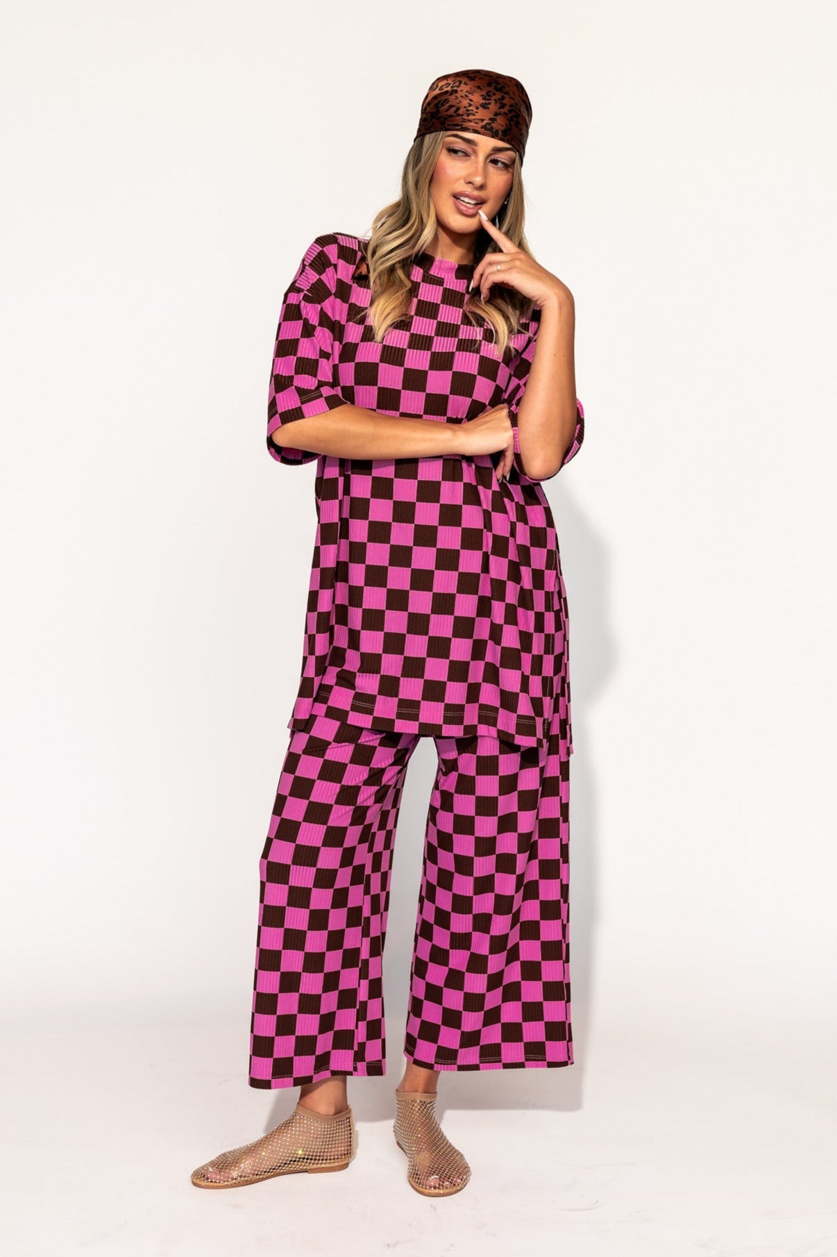 Lex Ribbed Checkerboard Playsuit in Sunset Boulevard - Dressed in Lala